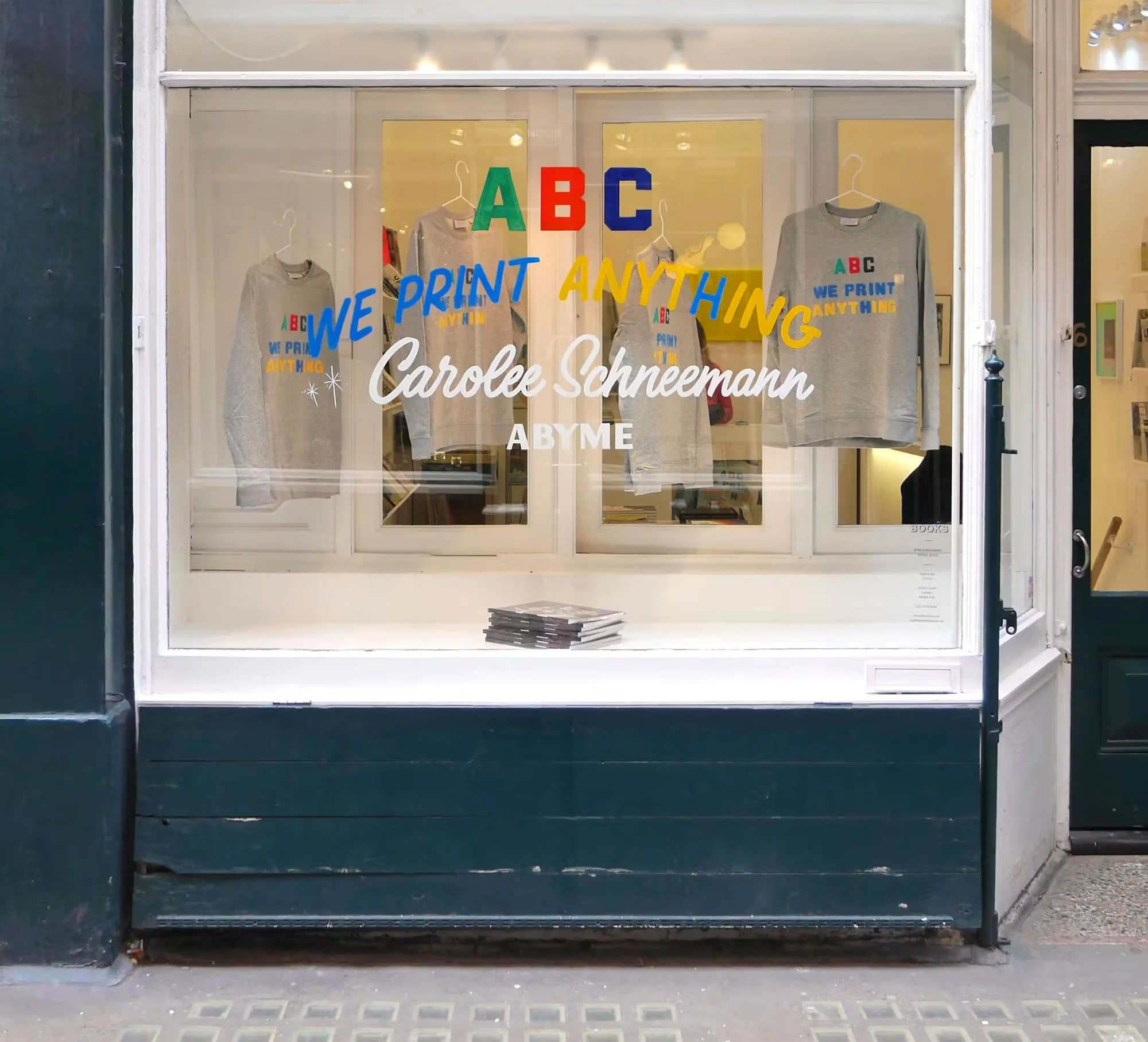 The Abyme type foundry window with colourful ABC We Print Anything lettering and printed sweatshirts